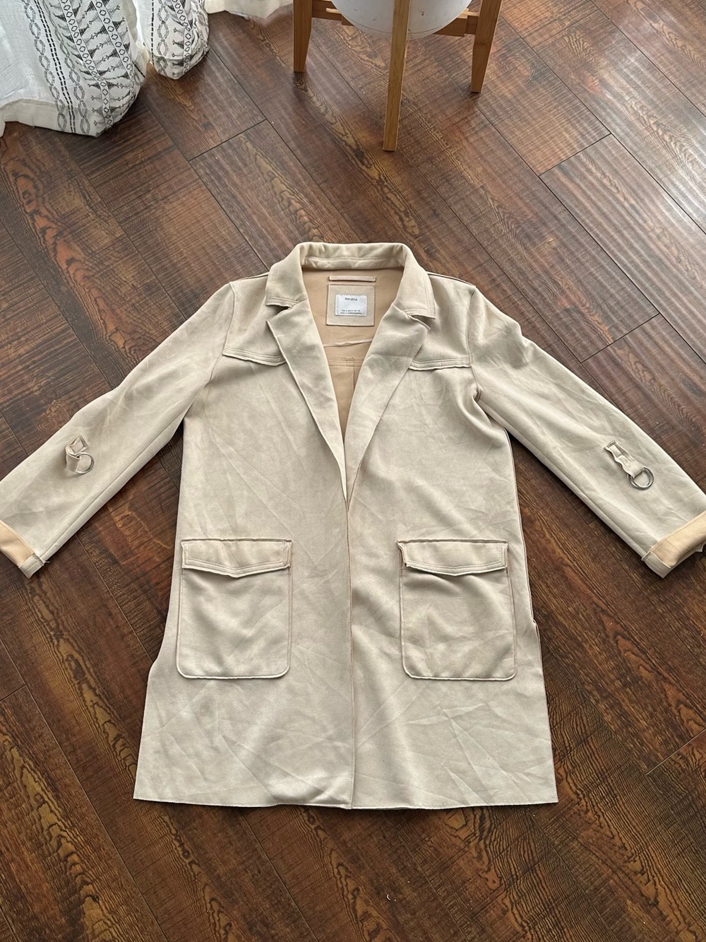 Bershka Cream fake suede Longline Trench Coat with Patch Pockets